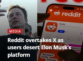 Split image of Elon on the left and Reddit shown on a phone screen on the right, heading text reads Reddit overtakes X as users desert Elon Musks platform