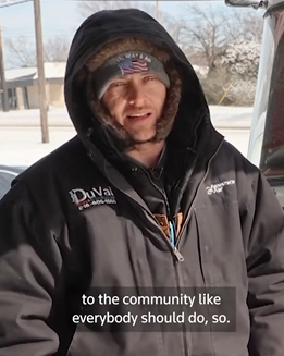 a man wearing several layers of clothing is captioned to be saying "to the community like everybody should do"